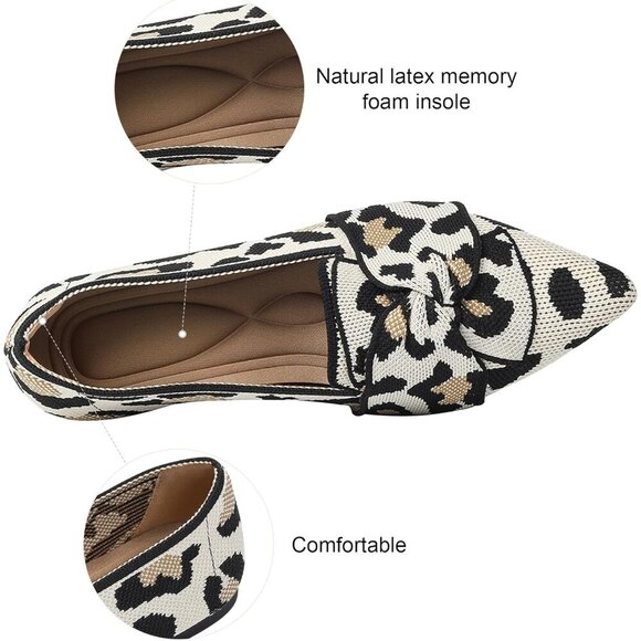Women's Bow Comfortable Pointed Toe Ballet Flats Knit Dressy Flats Leopard Print - Picture 3 of 5
